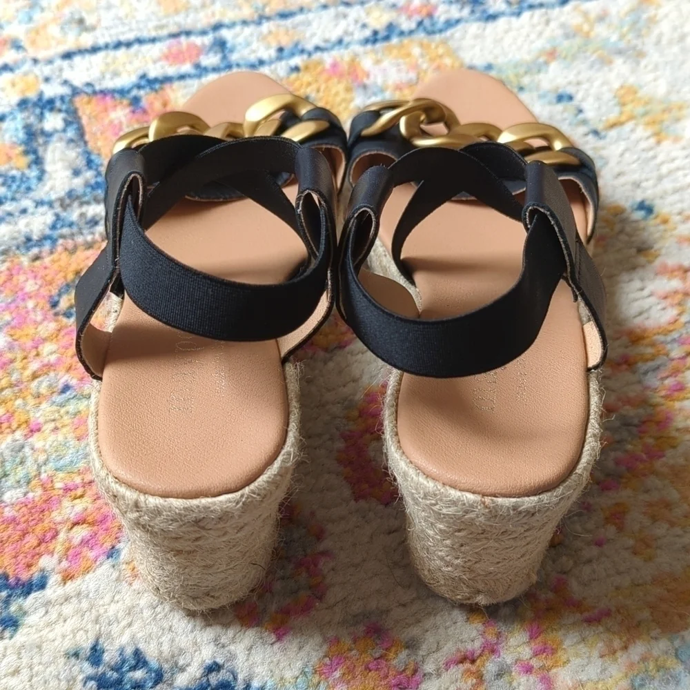Maypol Leather Chunky Chain Strappy Open Toe Espadrille Wedge Sandals Black 40